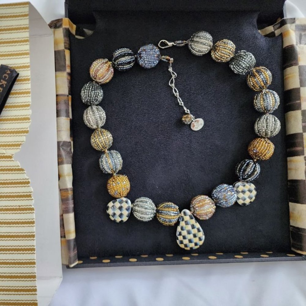 MACKENZIE-CHILDS ASCOT POM POM BRIOLETTE NECKLACE. COURTLY CHECK ACCENT/BEADS